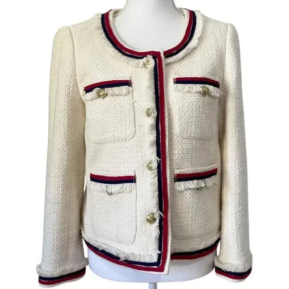J.Crew Lady Jacket Blazer Tweed Cropped Fringe Fringy White Red Navy Blue Size 6 - Picture 4 of 13